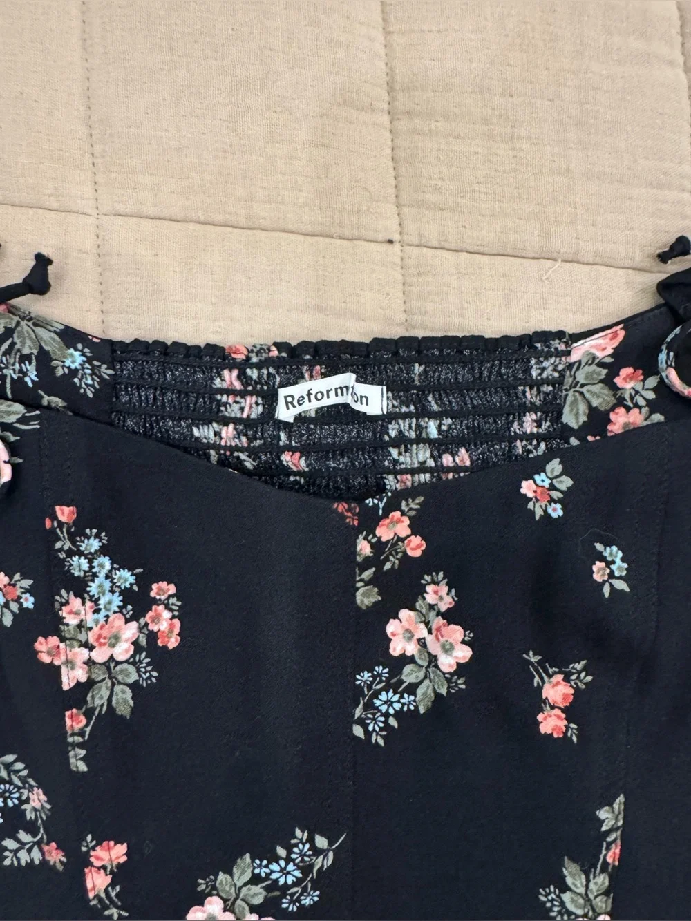 Reformation Floral Off-Shoulder Black Peasant Top